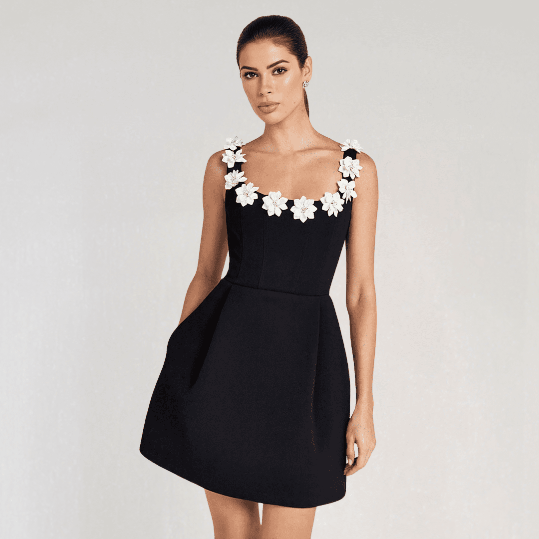Elowen Mini Dress – Faux Pearl Floral Neckline with A-Line Silhouette