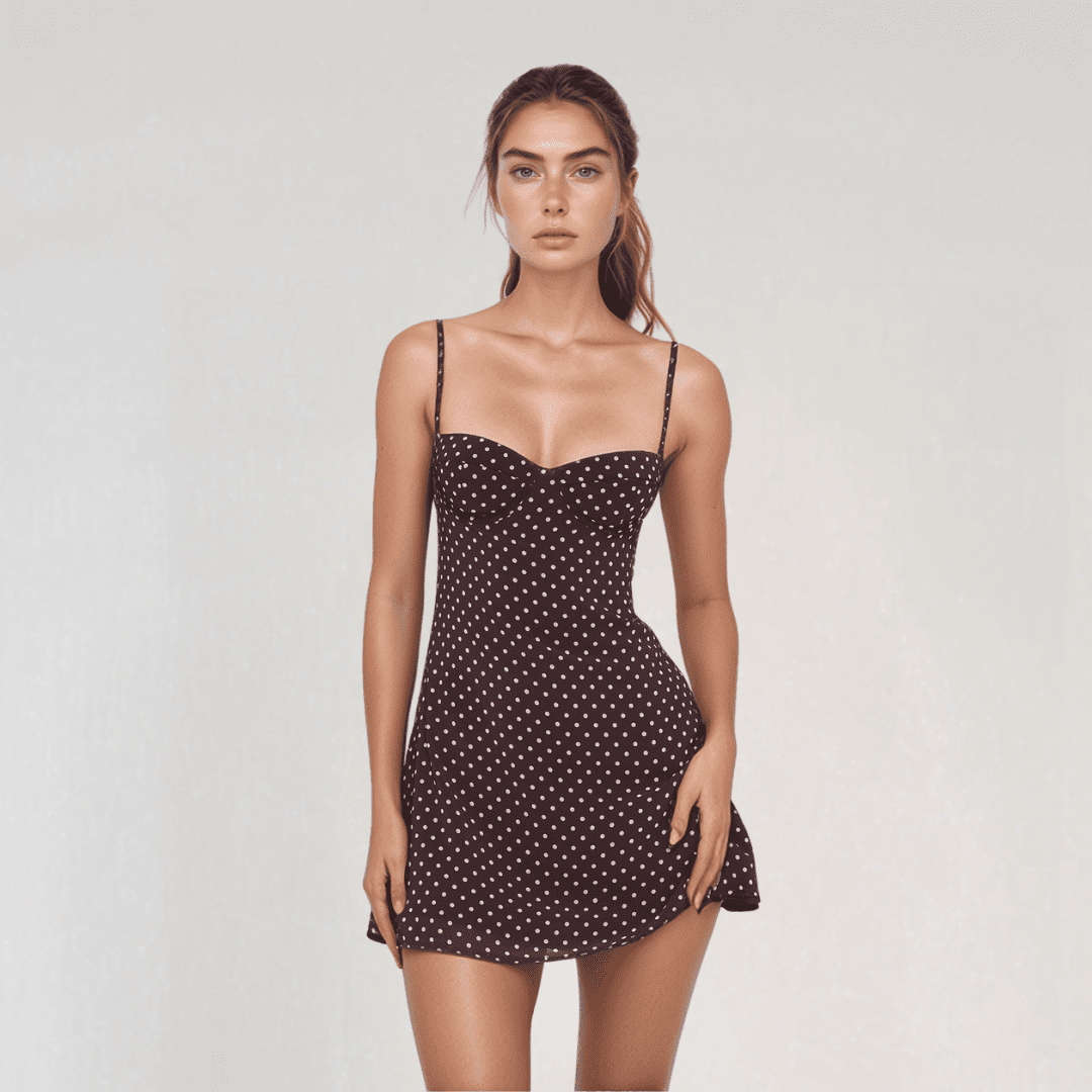 Marina Polka Dot Mini Dress – Sweetheart Neckline in Chocolate Brown