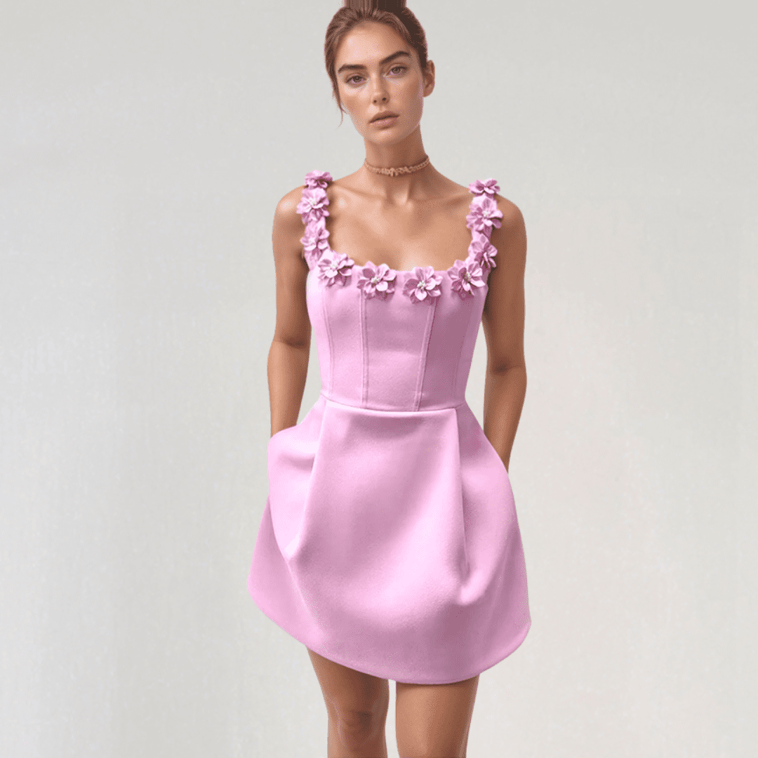 Elowen Mini Dress – Faux Pearl Floral Neckline with A-Line Silhouette