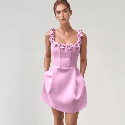 Elowen Mini Dress – Faux Pearl Floral Neckline with A-Line Silhouette