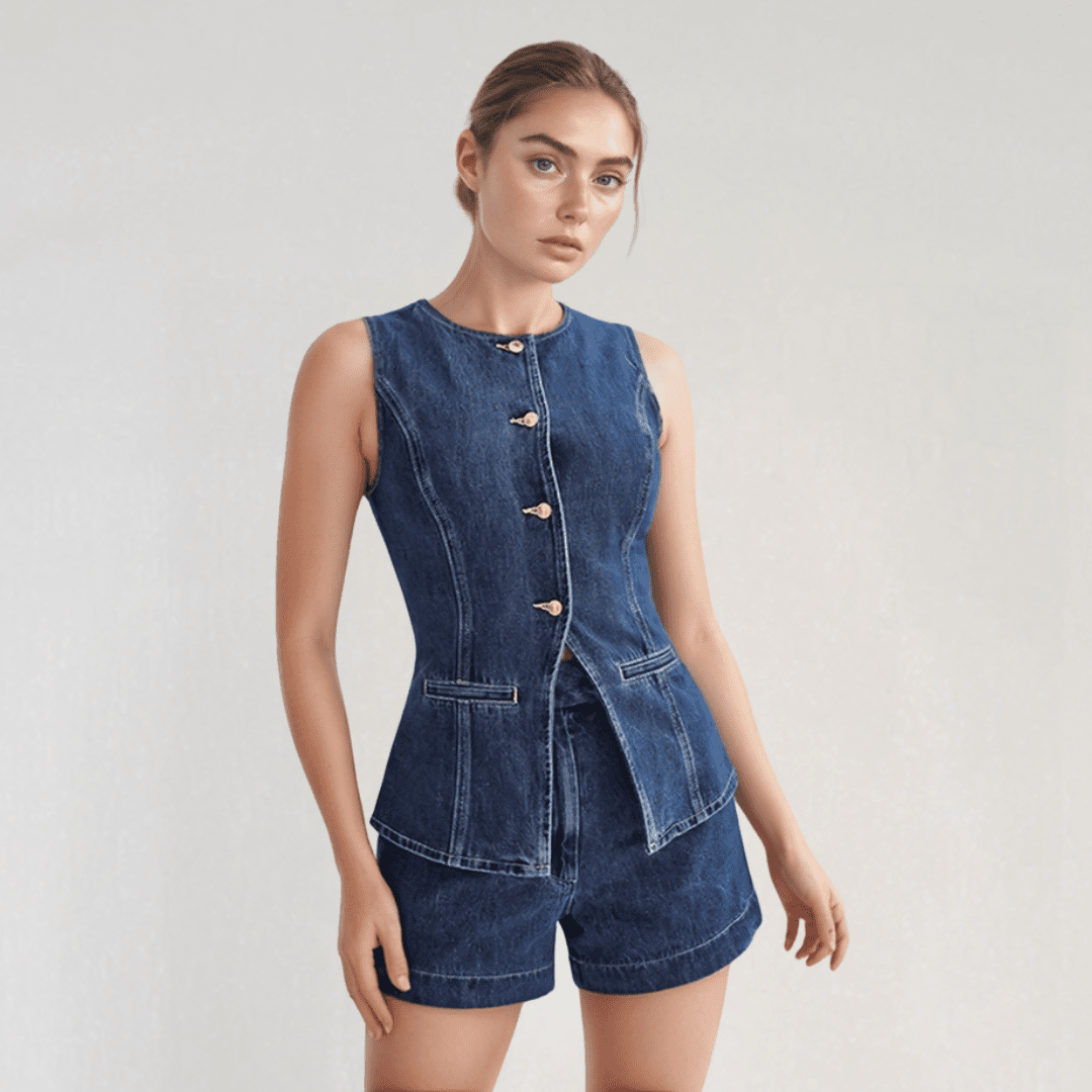 Lennox Denim Set – 2-Piece Vest & High-Waist Shorts with Vintage Finish