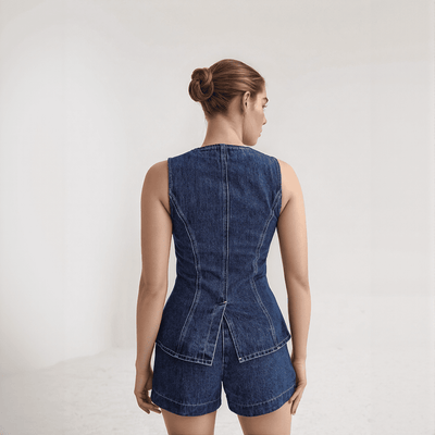 Lennox Denim Set – 2-Piece Vest & High-Waist Shorts with Vintage Finish