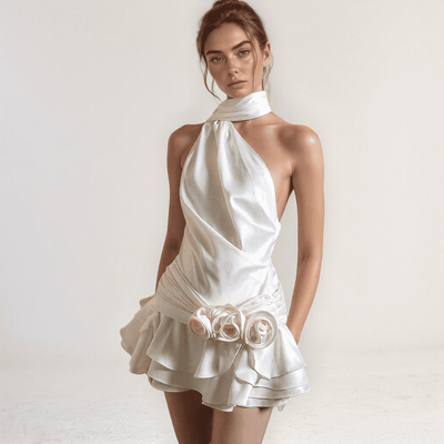 Aurelia Ruffle Mini Dress – Satin Halter Neck with Rose Accent & Open Back