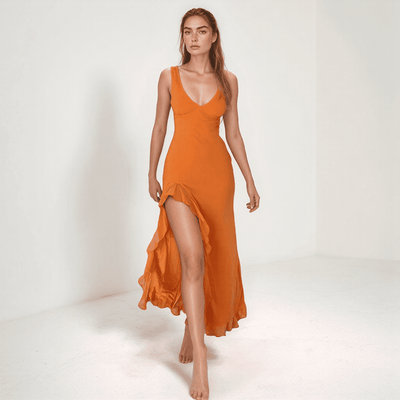 Solene Ruffle Maxi Dress – V-Neck, High Slit & Flowing Summer Silhouette