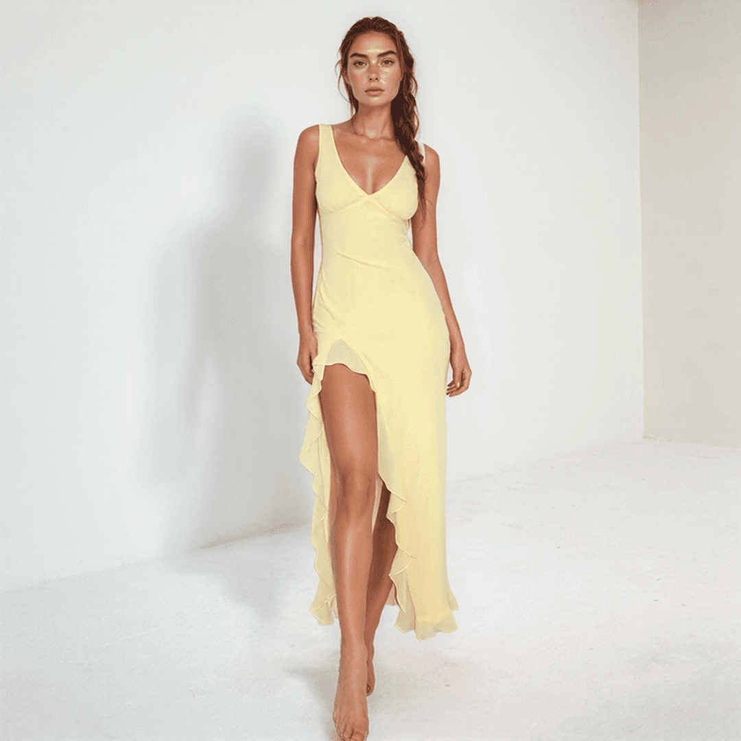 Solene Ruffle Maxi Dress – V-Neck, High Slit & Flowing Summer Silhouette