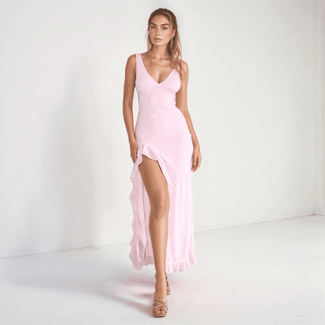 Solene Ruffle Maxi Dress – V-Neck, High Slit & Flowing Summer Silhouette