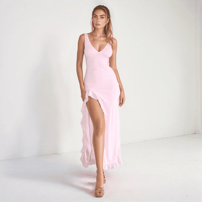 Solene Ruffle Maxi Dress – V-Neck, High Slit & Flowing Summer Silhouette