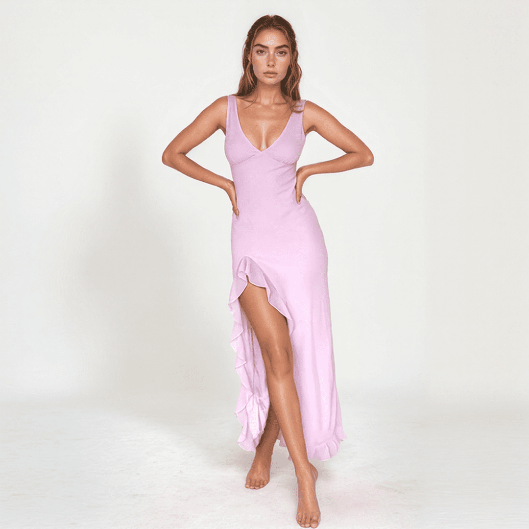 Solene Ruffle Maxi Dress – V-Neck, High Slit & Flowing Summer Silhouette