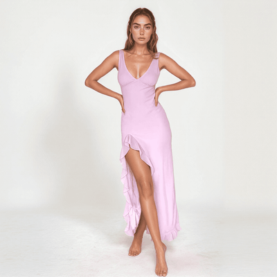 Solene Ruffle Maxi Dress – V-Neck, High Slit & Flowing Summer Silhouette