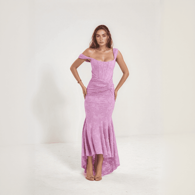 Celestia Lace Mermaid Dress – Off-Shoulder Maxi with Ruched Waist & Flared Hem