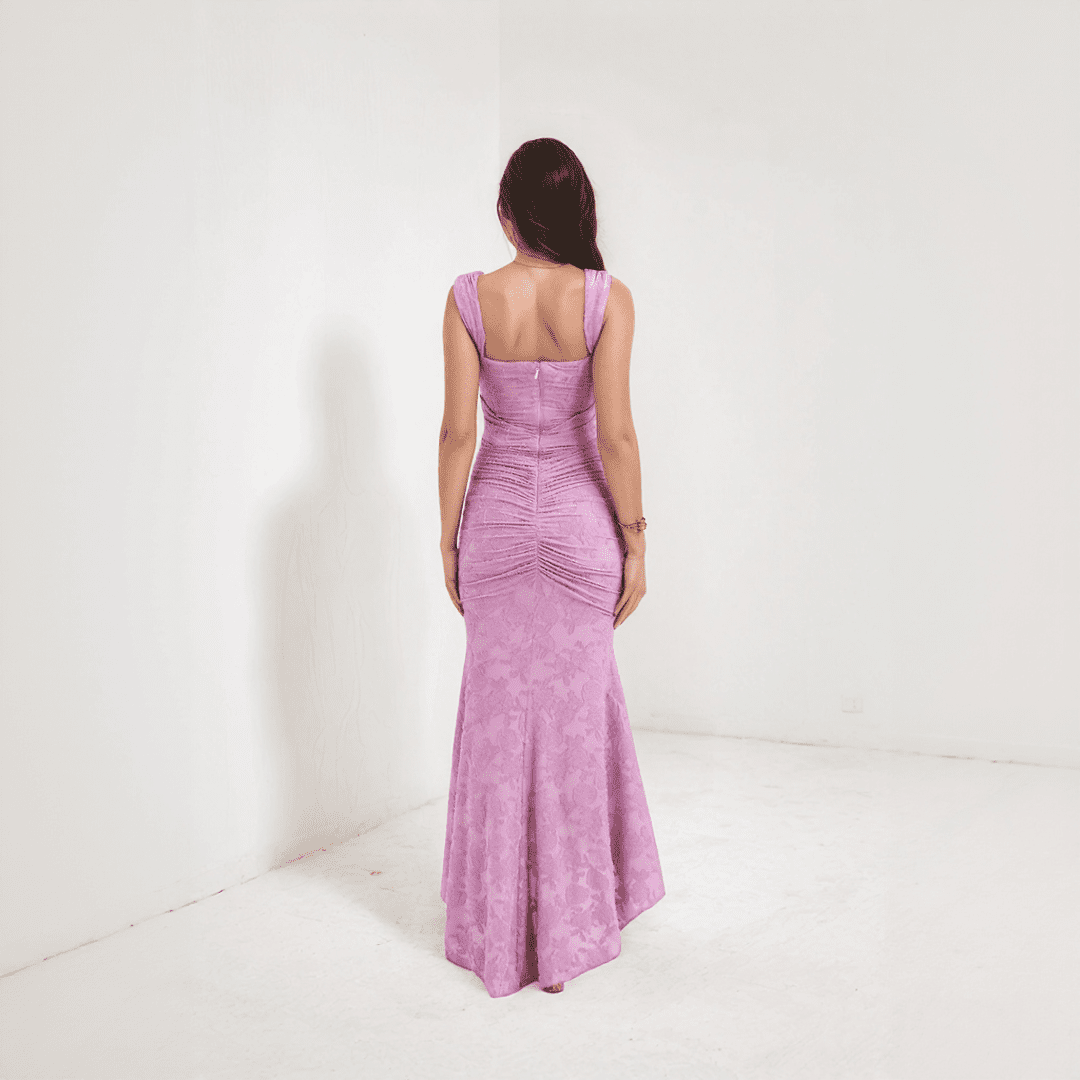 Celestia Lace Mermaid Dress – Off-Shoulder Maxi with Ruched Waist & Flared Hem