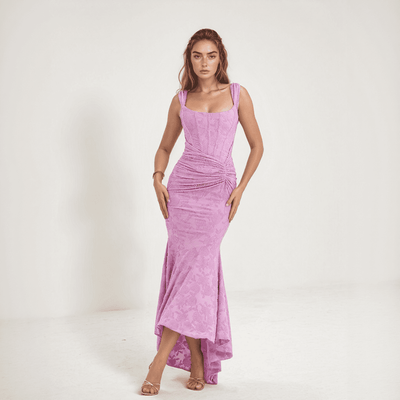 Celestia Lace Mermaid Dress – Off-Shoulder Maxi with Ruched Waist & Flared Hem