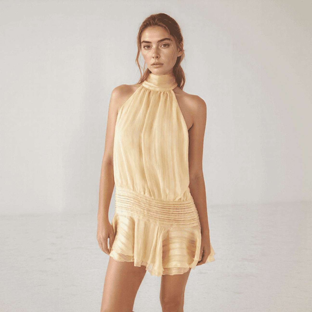 Lyra Chiffon Halter Mini Dress – Backless Tie Detail with Flowy Ruffle Skirt