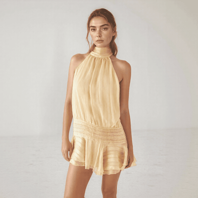 Lyra Chiffon Halter Mini Dress – Backless Tie Detail with Flowy Ruffle Skirt