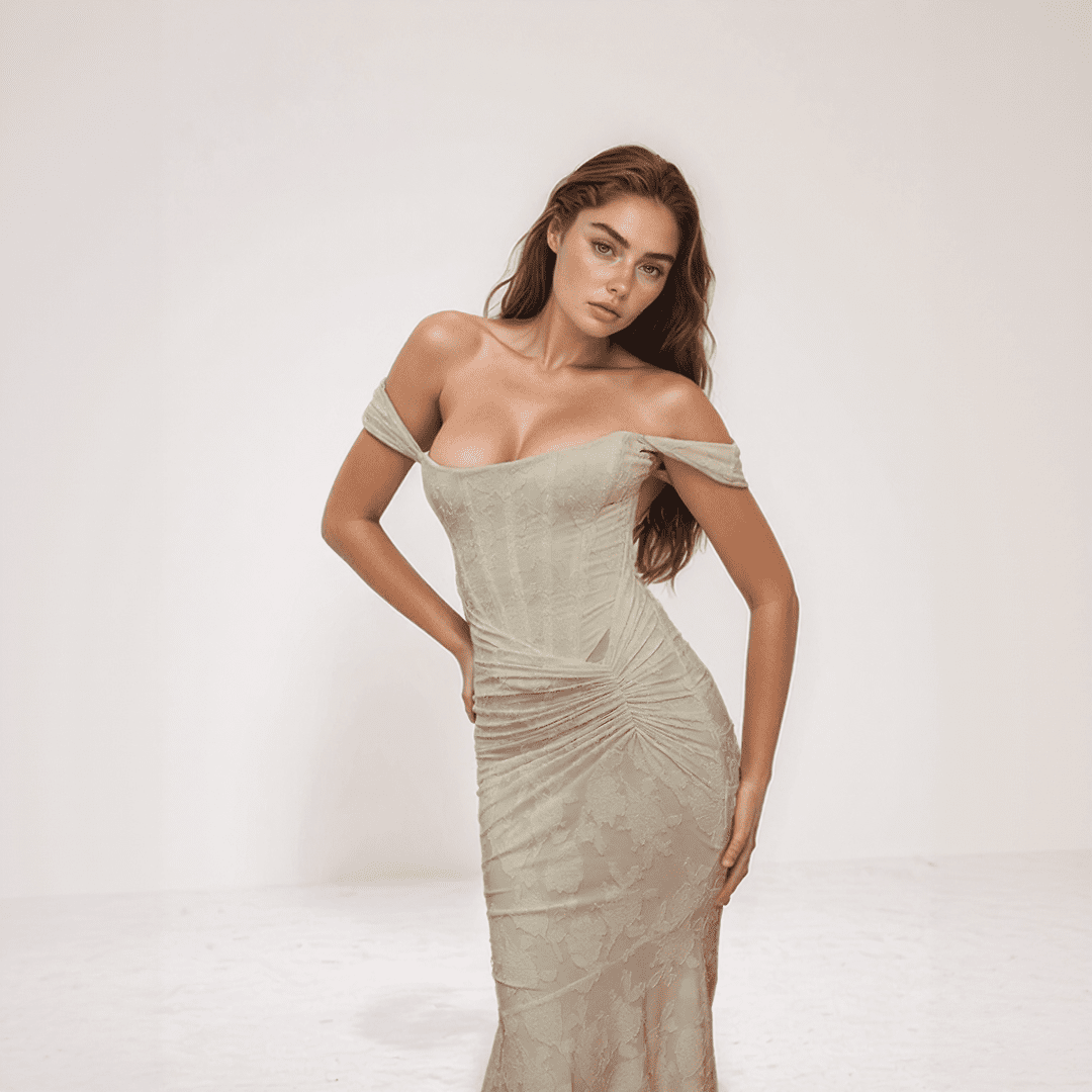 Celestia Lace Mermaid Dress – Off-Shoulder Maxi with Ruched Waist & Flared Hem