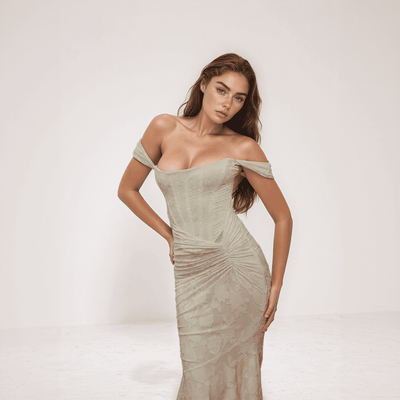 Celestia Lace Mermaid Dress – Off-Shoulder Maxi with Ruched Waist & Flared Hem