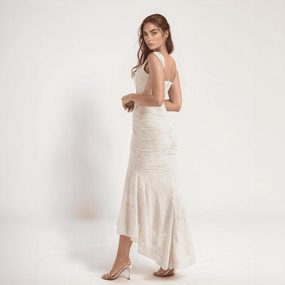 Celestia Lace Mermaid Dress – Off-Shoulder Maxi with Ruched Waist & Flared Hem