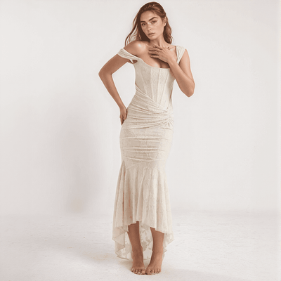 Celestia Lace Mermaid Dress – Off-Shoulder Maxi with Ruched Waist & Flared Hem