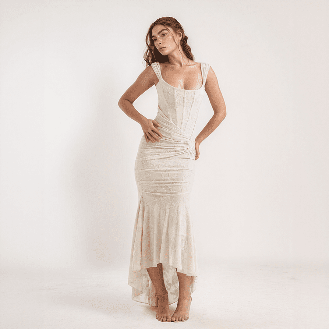 Celestia Lace Mermaid Dress – Off-Shoulder Maxi with Ruched Waist & Flared Hem
