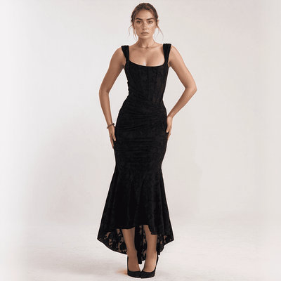 Celestia Lace Mermaid Dress – Off-Shoulder Maxi with Ruched Waist & Flared Hem