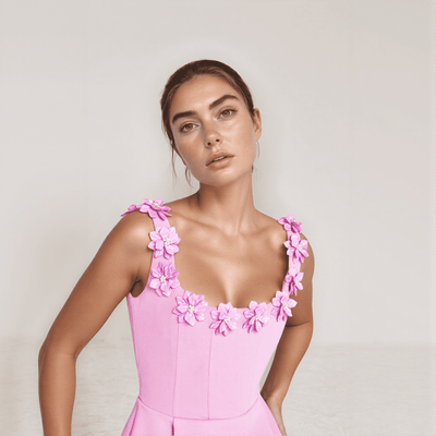Elowen Mini Dress – Faux Pearl Floral Neckline with A-Line Silhouette